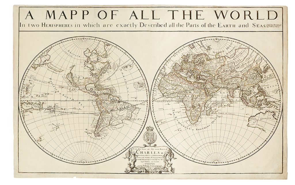 BERRY, WILLIAM. A Mapp of All the World in two Hemispheres in which are exactly Described all the Parts of the Earth and Seas.